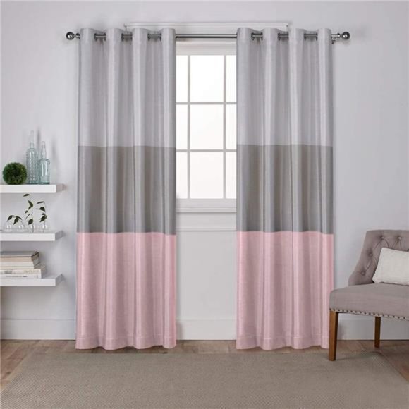 Chateau Striped Faux Silk Grommet Top Curtain Panel Pair, 54x96, Blush, 2 Piece - Picture 1 of 6